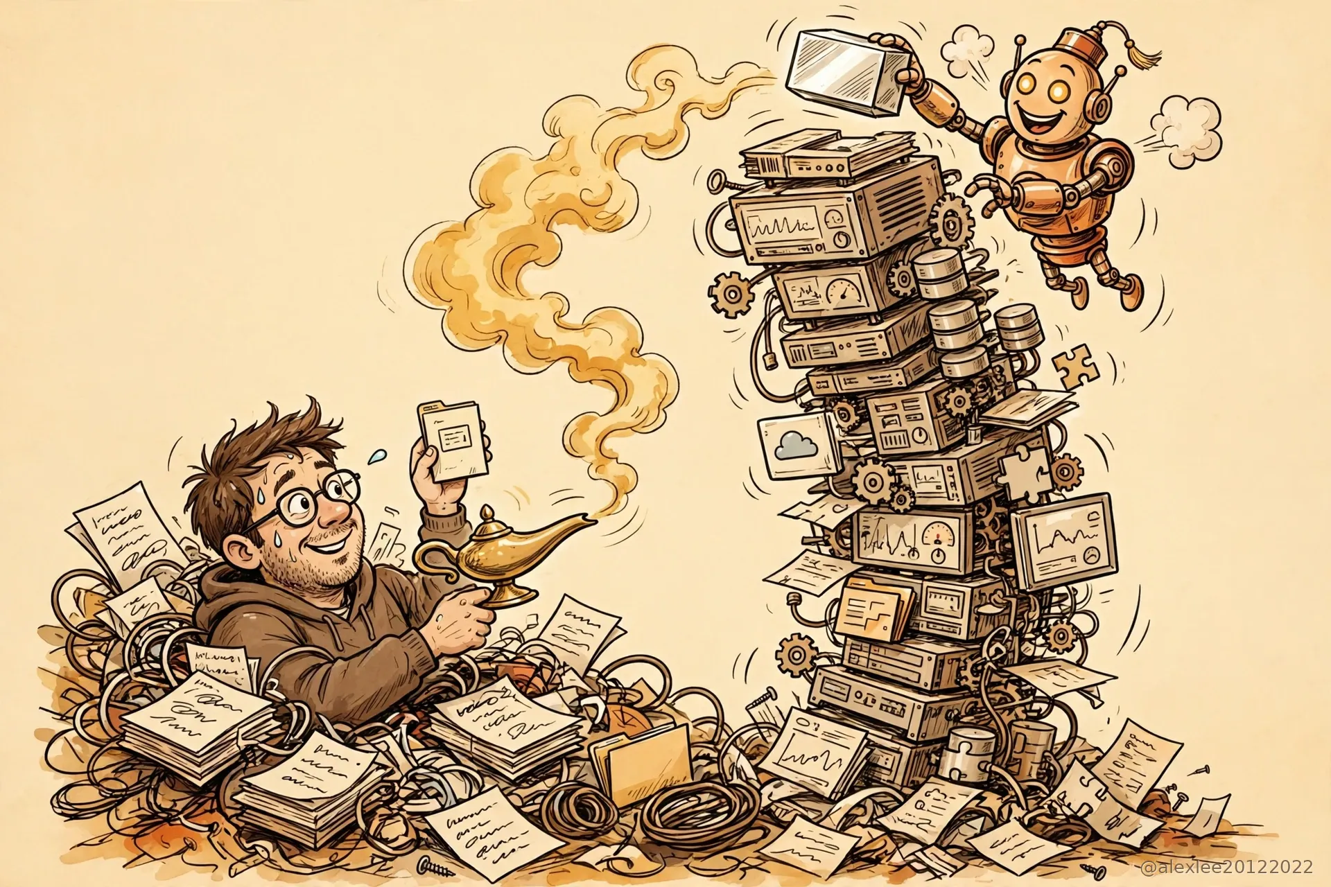 The wishing machine: the user buried under manuals and cables while the genie stacks one more feature onto the tower